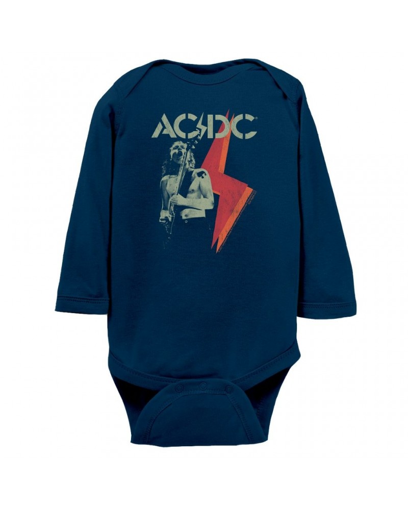 AC/DC Long Sleeve Bodysuit | Angus Young Concert Photo Lighting Design Distressed Bodysuit $11.16 Shirts