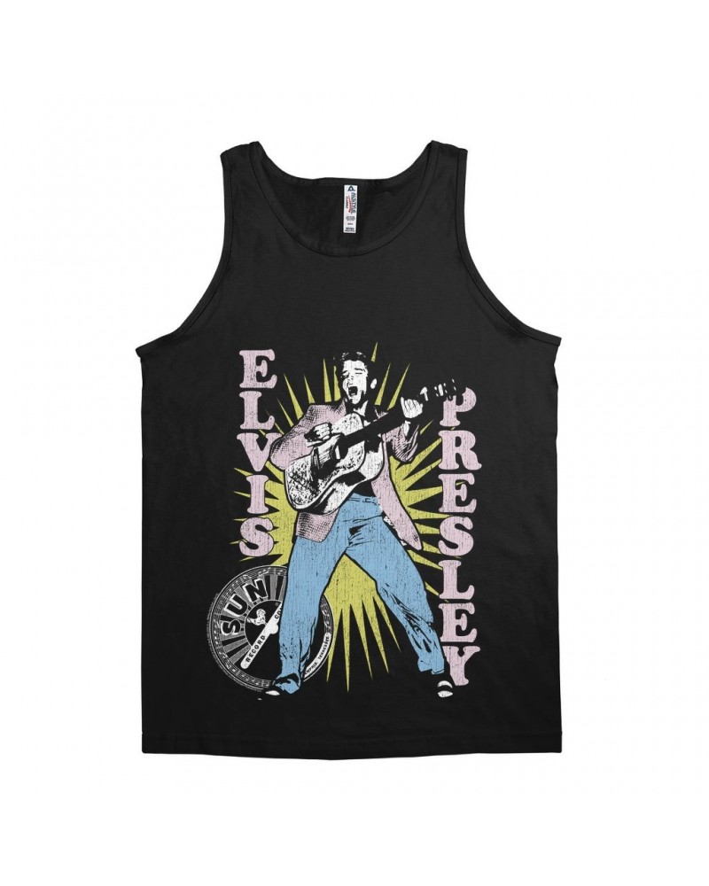 Elvis Presley Sun Records Unisex Tank Top | Singing In Burst Distressed Sun Records Shirt $8.23 Shirts