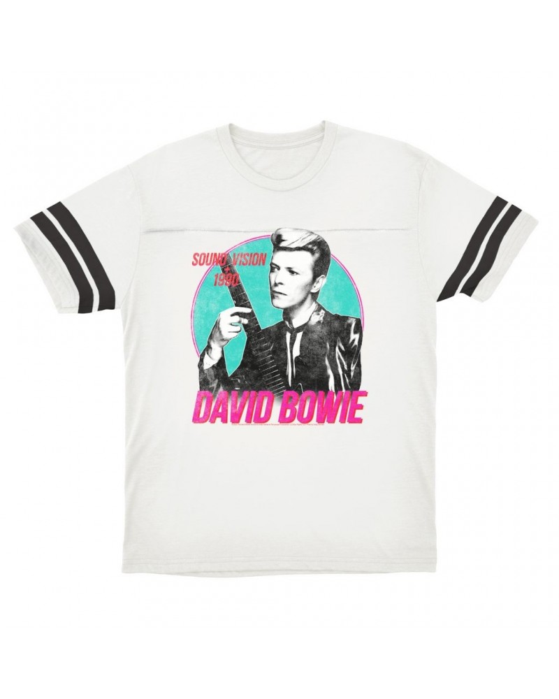 David Bowie T-Shirt | Sound + Vision 1990 Powerful Pink Design Distressed Football Shirt $15.82 Shirts